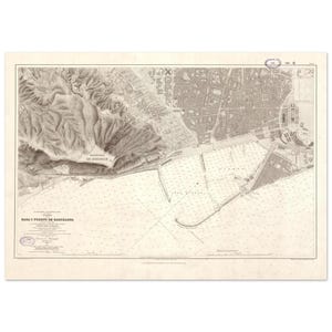 May include: An antique nautical map of Barcelona's harbor and surrounding areas. The map, in sepia tones, details the coastline, city layout, and sea depths. Mountains are depicted on the left, with the harbor and city on the right. The map includes text in Spanish.