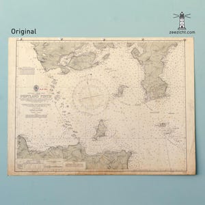 May include: A vintage nautical chart of the Pentland Firth printed on aged paper. The map features detailed coastlines, depth soundings, a central compass rose, and printed text including the title Pentland Firth and various navigational data.