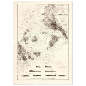 May include: A vintage nautical chart titled "Sound of Barra" in sepia tones. The map features detailed coastlines, islands, and navigational markers. Compass roses and contour lines are visible, with text at the top.