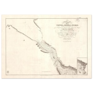 Peut inclure: Impression d'une carte ancienne de Concha et Barra de Bilbao, Espagne, avec une cartographie détaillée du littoral et des environs. La carte est en noir et blanc, avec des lignes et du texte complexes, imprimée sur du papier vieilli.