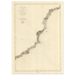 May include: Vintage map of the Italian coastline, printed on aged paper with a beige tone. The map displays detailed cartography, highlighting the coastal topography and sea depths. Text in French is visible at the top of the map.