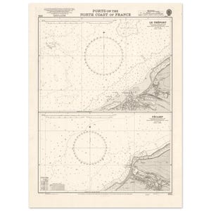 May include: Vintage nautical chart titled "Ports on the North Coast of France." The map features detailed illustrations of the coastline, including the ports of Le Tréport and Fécamp. The chart is printed in black ink on aged, cream-colored paper.