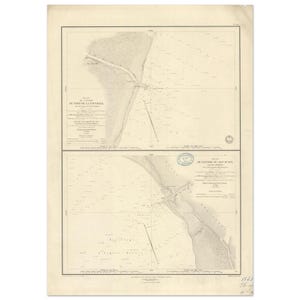 Puede incluir: Antigua carta náutica con dos mapas detallados. Los mapas son en blanco y negro, con líneas y texto intrincados. El papel tiene una apariencia vintage y envejecida. El mapa superior está etiquetado como "Plan du Port de la Nouvelle".