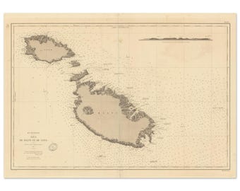 May include: Antique map of the Maltese Islands, featuring detailed cartography in sepia tones. The map shows the islands of Malta, Gozo, and Comino, with nautical details and text in French. The map is framed with a grid and decorative borders.