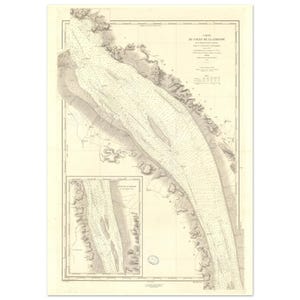 May include: Antique nautical chart of the Gironde Estuary, featuring detailed cartography in sepia tones. The map includes a smaller inset and intricate line work depicting the coastline and waterways. The title "Carte de Cours de la Gironde" is visible.