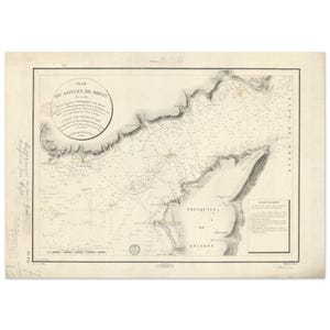 May include: Antique nautical chart titled "Plan du Goulet de Brest," featuring detailed coastal outlines, depth soundings, and text in French. The map is printed on aged paper with a rectangular frame and decorative elements.