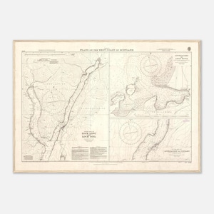 May include: A vintage nautical chart titled Plans on the West Coast of Scotland, featuring detailed hydrographic surveys of Loch Long, Loch Goil, and approaches to Loch Stive and Finnart, with black ink lines on a cream-colored paper background.