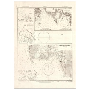 May include: Vintage nautical chart of the Sardinian coast, featuring detailed illustrations of ports and coastal areas. The map is in sepia tones, with text labels and compass roses. A classic piece for maritime enthusiasts.