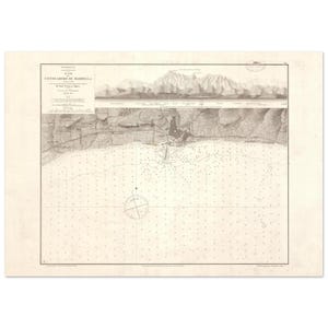 Puede incluir: Antigua carta náutica de "Fondeadero de Marbella" en tonos sepia. El mapa presenta una topografía costera detallada, una rosa de los vientos y texto en la esquina superior izquierda. Se representan montañas en el fondo.