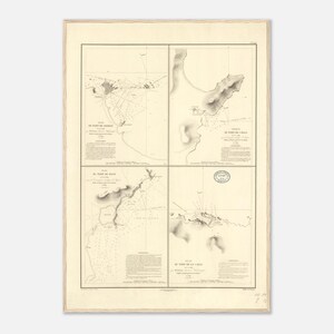 May include: Antique nautical map print featuring four detailed coastal charts. The maps, in shades of beige and gray, depict port layouts and geographical features. Text in French is included, along with a circular seal. The print is framed in a light beige border.