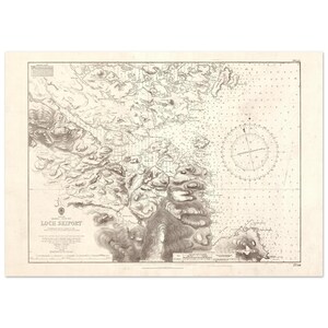 May include: Antique nautical chart of Loch Skiport, featuring detailed topographic and hydrographic information. The map is in shades of gray and beige, with intricate line work depicting coastlines, depths, and navigational aids. A compass rose is visible.