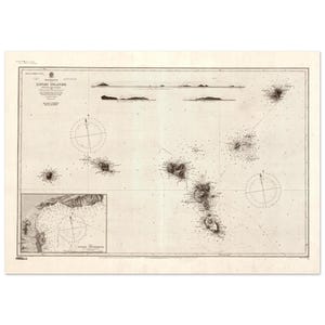 Peut inclure: Une impression de carte ancienne des îles Lipari, avec une cartographie détaillée en tons sépia. La carte comprend des roses des vents de navigation, des contours d'îles et des étiquettes de texte. L'esthétique générale rappelle les cartes nautiques anciennes.