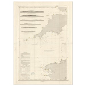 May include: Vintage nautical chart featuring a detailed map of a coastal region, likely for navigation. The chart is printed on aged paper with a cream color, and includes topographical profiles and text. The map shows coastlines, islands, and navigational markers.