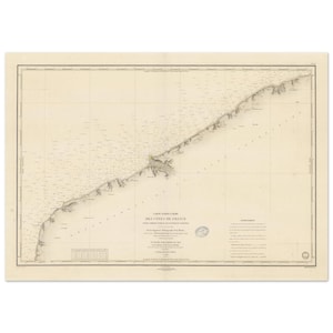 May include: Antique map print of the French coastline, featuring detailed cartography. The map is in sepia tones with intricate lines and text, showcasing the coastal features and geographical details. The map is framed with a black border.