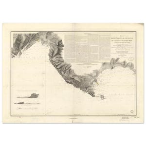 May include: Antique map print of a coastal region, featuring detailed topographical illustrations in black and white. The map includes text in French, with a title and descriptive text blocks. The paper has a vintage, aged appearance.