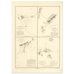 May include: Antique nautical map print featuring four detailed coastal plans. The maps, in black ink, depict various port layouts with topographical details. The print has a cream-colored background and includes text in French.