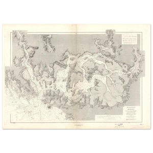 May include: Vintage nautical chart of Morbihan, France, showing detailed coastlines, waterways, and depth soundings. The map is in shades of grey and white, with intricate line work and text detailing the region's geography. The chart is mounted on a cream-coloured background.