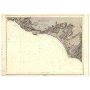 May include: Antique nautical chart print featuring a detailed map of a coastal region. The map is in sepia tones, with intricate lines depicting the coastline, sea depths, and geographical features. Text in French is visible at the top of the map.