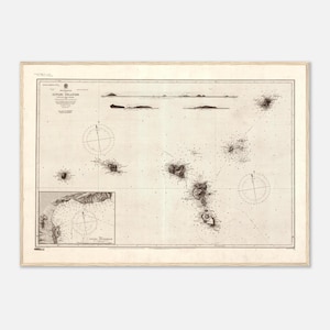 Peut inclure: Carte nautique ancienne des îles Lipari, avec des illustrations détaillées des îles et des eaux environnantes. La carte est encadrée dans un cadre en bois de couleur claire. La carte comprend des roses des vents et du texte en haut à gauche.