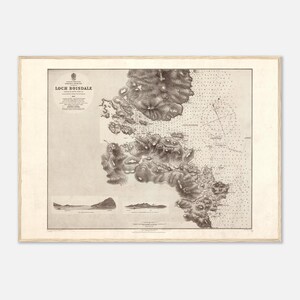 May include: A vintage map print of Loch Boisdale, featuring detailed topographical and nautical information. The map is in sepia tones, framed in a light wood. The title "Loch Boisdale" is prominently displayed at the top, with additional text and symbols.