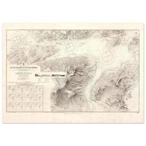 May include: A vintage nautical chart of Loch Alsh and Kyle Rhea, showing detailed topographical and hydrographical data. The map is in shades of beige and grey, with compass roses and depth soundings. The title "LOCH ALSH and KYLE RHEA" is clearly visible.