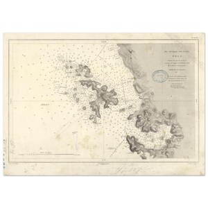 May include: Antique nautical chart of Pola, featuring detailed illustrations of the coastline and sea depths. The map is in black and white, with intricate details and text in French. The chart is on aged paper, giving it a vintage aesthetic.