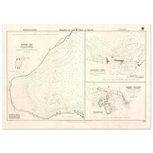 May include: An antique nautical chart titled "Plans in the Kyles of Bute," depicting Rames Bay, Rothesay Pier, and Burnt Islands. The map is printed in black ink on aged, off-white paper, with detailed coastlines and navigational information.