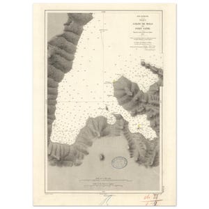 May include: Antique nautical chart titled "GOLFE DE MOLO ET PORT VATIL" with detailed illustrations of the coastline and sea. The map features intricate line work, shading, and text, with a vintage aesthetic. The chart is printed on aged paper.