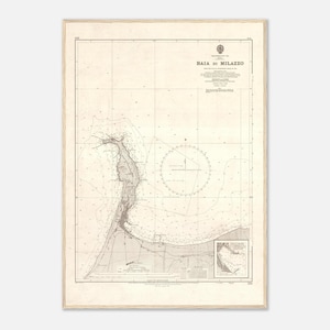 May include: A vintage nautical chart titled Baia di Milazzo, printed in black ink on off-white paper. The map features detailed coastal topography, depth soundings, a compass rose, and a small inset map, all framed within a light wood border.