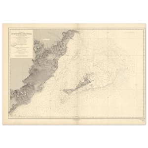 May include: A vintage nautical chart with detailed coastlines and depth soundings. The map features a beige background with black and gray topographical details and text. The title is in a foreign language.
