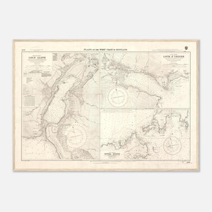 May include: A vintage nautical chart titled Plans on the West Coast of Scotland, featuring detailed black ink topography and hydrography for Loch Aline, Loch A' Choire, and Gunna Sound on a cream-colored paper background with compass roses.