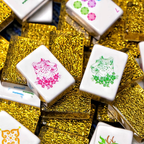 Golden Glitter American Mahjong Set, 160 Tiles, Delicate Cheetah Floral Pattern, Premium Board Game Gift, Gift for Mahjong Lovers