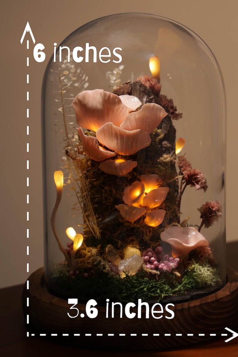 May include: A decorative terrarium under a glass dome, approximately 6 inches tall and 3.6 inches wide. It features illuminated pink mushrooms, moss, and crystals, creating a whimsical, nature-inspired display. The base is made of wood.