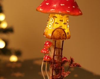 Handmade Mushroom Forest Night Light with White Crystals, Mushroom Table Lamp, Fairy Forest gift