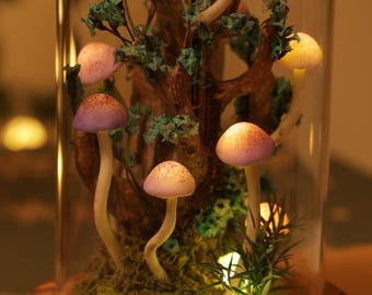 Handmade Mushroom Forest Night Light with White Crystals, Mushroom Table Lamp, Fairy Forest gift