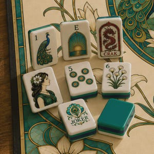 May include: A set of eight rectangular mahjong tiles featuring white faces with colorful illustrations including a peacock, a dragon, a woman, flowers, and the text E, 1, 5, 6, and JOKER. The tiles have dark teal and blue edges and backs.