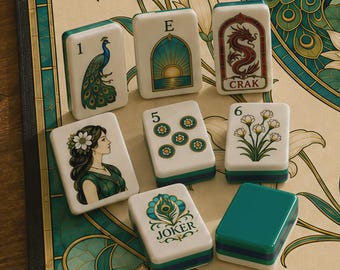 May include: A set of eight rectangular mahjong tiles featuring white faces with colorful illustrations including a peacock, a dragon, a woman, flowers, and the text E, 1, 5, 6, and JOKER. The tiles have dark teal and blue edges and backs.