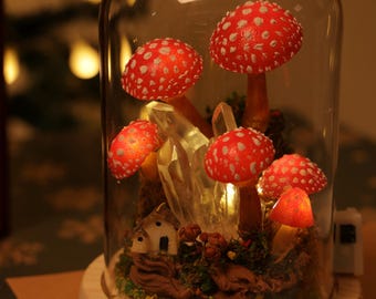 Handmade Mushroom Forest Night Light with White Crystals, Mushroom Table Lamp, Fairy Forest gift