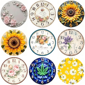 May include: A collection of nine circular wall clocks featuring diverse designs including pink roses, sunflowers, lavender, butterflies, and a cannabis leaf with the text High Life, all displaying standard black Arabic numerals from one to twelve.