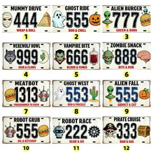 May include: A collection of twelve novelty license plates with spooky and robotic themes. Each plate features a unique design with numbers, text, and illustrations of mummies, ghosts, aliens, robots, and other Halloween-themed characters.
