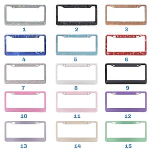 May include: A collection of fifteen license plate frames, each with a rectangular shape and a sparkling, jeweled border. The frames come in various colors, including silver, black, rose gold, blue, and pink.