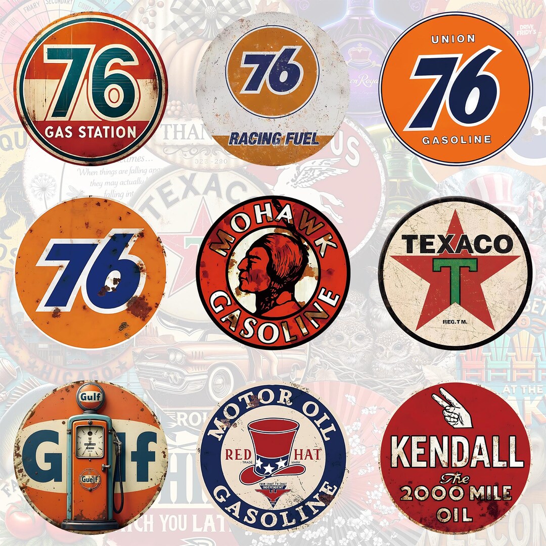 Vintage Gasoline and Motor Oil Tin Sign Retro 76 Texaco Gulf Mohawk Red ...