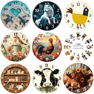 May include: A collection of nine circular wall clocks featuring diverse designs including sea turtles, a wolf, a chicken, a robin, a rooster, various dog breeds with the text Time Spent With Dogs Is Never Wasted, cats on shelves, a cow, and a calf.