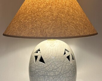 Raku Table Lamp With Antique Crackle White Glaze - Handmade