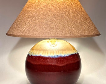 Pottery Table Lamp - Copper Red Glaze - Wrinkled Paper Shade