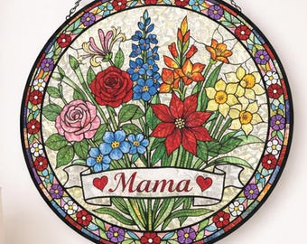 Mama Stained Glass Suncatcher, Gift for Mom, Floral Window Hanging, Wildflower Sun Catcher, Mother's Day Gift, Mom Window Decor