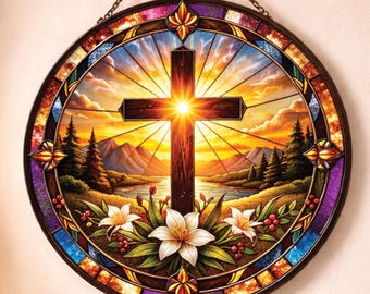 Christian Cross Stained Glass Suncatcher, Religious Window Hanging, Jesus Faith Decor, Christian Home Decor Gift, Cross Window Sun Catcher