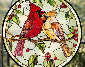 Cardinals Stained Glass Suncatcher, Cadinal Glass Art, Cardinal Lover, Anniversary Gift, Romantic Cardinal Couple Window Hanging, Love Birds