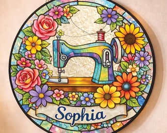 Personalized Sewing Machine Suncatcher, Custom Name Sewing Lover Gift, Quilter Window Hanging Decor, Sewing Room Stained Glass Decor