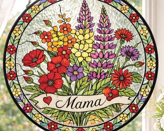 Mama Stained Glass Suncatcher, Gift for Mom, Wildflower Window Hanging, Floral Sun Catcher, Mother's Day Gift, Mom Window Decor